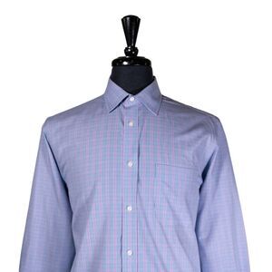 Jos. A. Bank Mens Dress Shirt Button Blue Pink Plaid Non Iron Tailored 15.5 33